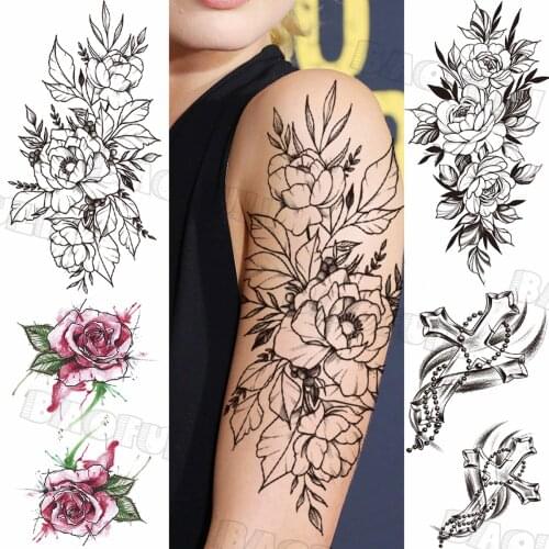 Black Dahlia Flower Temporary Tattoos For Women Adult Rose Cross Fake Tattoo Sticker Waterproof Body Art Painting Tatoo Decal