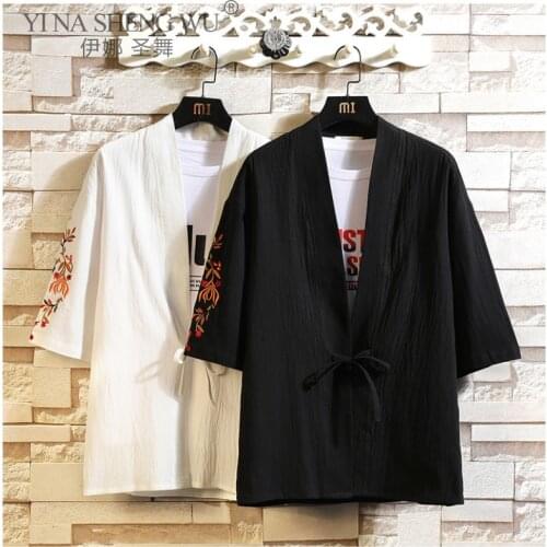 Japanese Kimono Retro Yukata Coat Men T-shirts Japan Traditional Chinese New Style Embroidery Tops Jackets Coats Asian Clothing