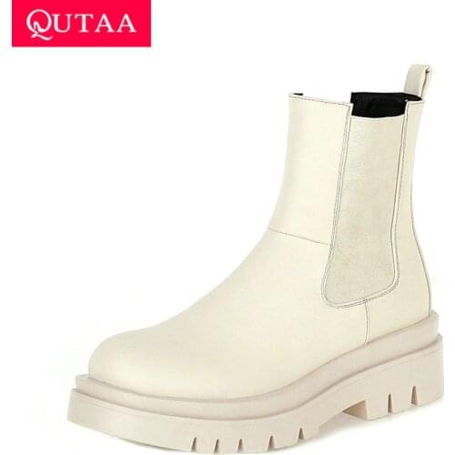 QUTAA 2021 PU Leather Fashion Ankle Boots Square Heel Slip on Women Shoes Round Toe Autumn Winter All Match Short Boot Size34-42