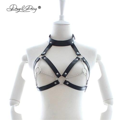 DAVYDAISY Women Sexy Bra Choker Leather Open Bust Bralette Metal Chain Intimate Adjustable Sexy Lingerie Cropped Top BR506