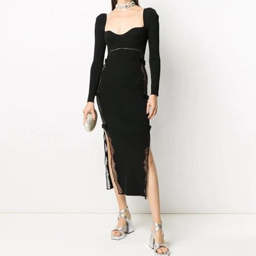 Women Bodycon Sweater Dress Square Collar Lace Patchwork Side Split Midi Dress