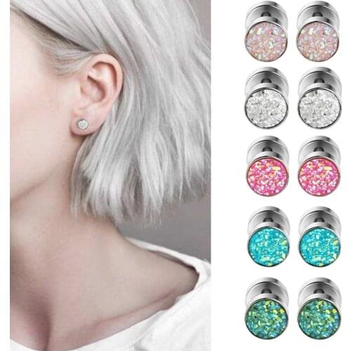 1Pair Punk Stainless Steel Earrings for Women Shiny Acrylic Crystal Stud Earrings Barbell Ear Piercing Ear Studs Plug Jewelry