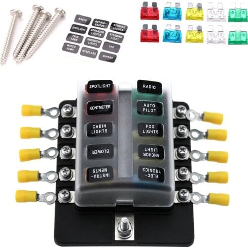 10 Way Blade Fuse Box Holder Fuse Blocks Red LED Indicator 10Pcs Fuses 10Pcs Terminals for Car Boat Marine Caravan Truck 12V 24V