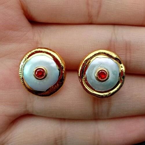 16mm Freshwater White Coin Pearl Stud gold color plated Cz Earrings