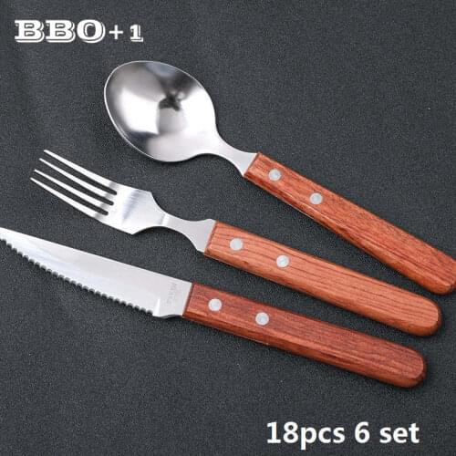 18pcs/lot Wood Handle Creative Cutlery set Stainless steel Party Dinnerware Korean Flatware Knife Fork Spoon Kitchen Tableware