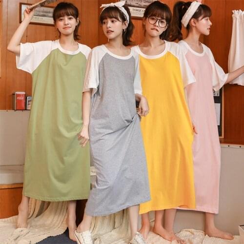 2021 Summer Plus Size 100% Cotton Short Sleeve Long Dress Nightgown for Women Loose Sleepwear Night Dress Nightdress Home Nighty