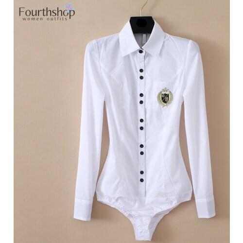 2021 Fashion Embroidery Badge White Body Shirts Women Bodysuit Long Sleeves Office Lady Business Work Formal Blouses Female Tops