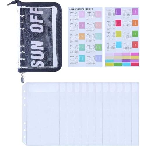 2021 New A6 Binder Pockets PVC Zipper Binder Wallet With Calendar Stickers, Loose Leaf Bags 6 Ring Cash Budget Binder Envelopes