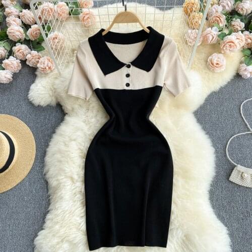 2021 Short-sleeved knitted dress 2021 new summer womens POLO collar design contrast stitching short hip skirt women