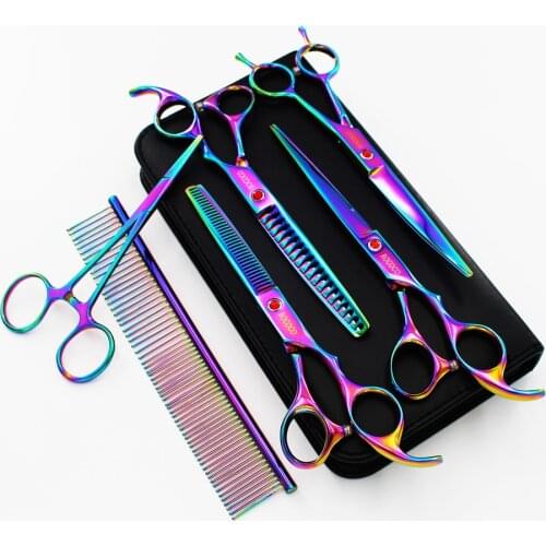 7.0 inch color pet grooming scissors set flat shears cut fish bone scissors cut hair clip ear clippers