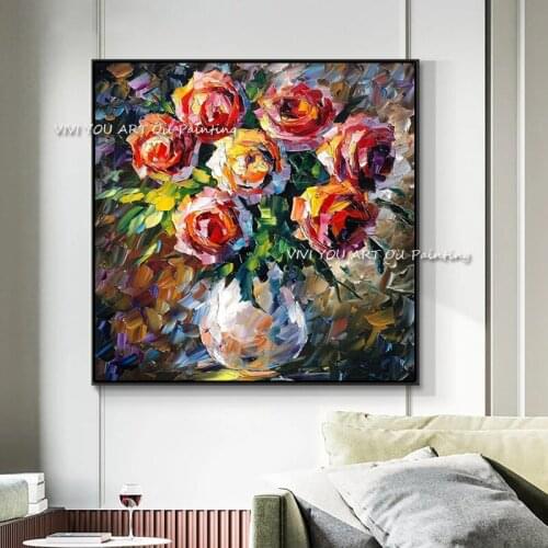 The 100%Handmade Peony Rose Abstract Oil Painting Canvas Modern Nature Plant Painting For Home Living Room Decor Flower in Vase
