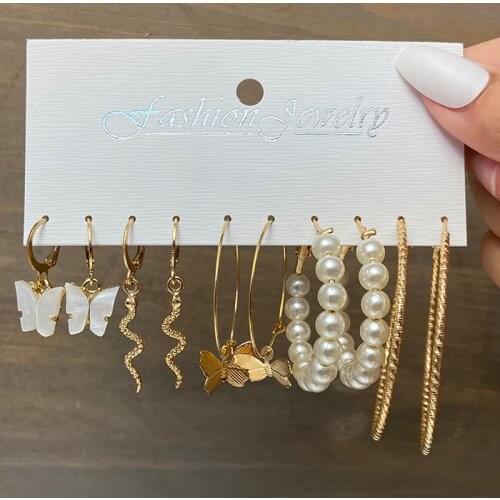 Bohemian Snake Butterfly Drop Earrings Set For Women Round Circle Pearl Acrylic Dangle Earrings 2021 Trend Earrings Set Jewelry