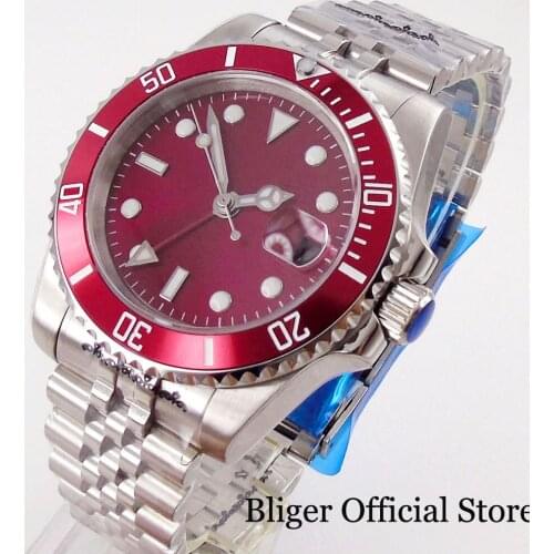 BLIGER Nologo Red GMT 40mm Automatic Men Watch Jubilee Bracelet Rotating Bezel Ring Screw Crown Sapphire Crystal