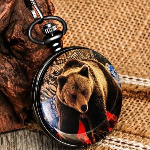 Bear Printed Retro Black Pendant Pocket Watch Fob Chain Antique Clock Arabic Numerals Display Timepiece Retro Watches