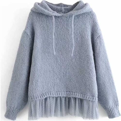 Elegant women knitted hoodies 2021 fashion ladies mesh patchwork hoodies streetwear female sweet hooded tops chic girls hoodies