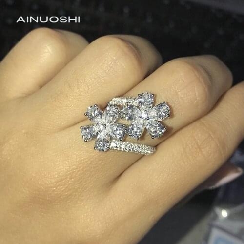 AINUOSHI 14K/18K Gold Twist Shank Two Flower Ring 4X6mm Pear Shaped AINUOSHI Stone for Women Anniversary Party Jewelry