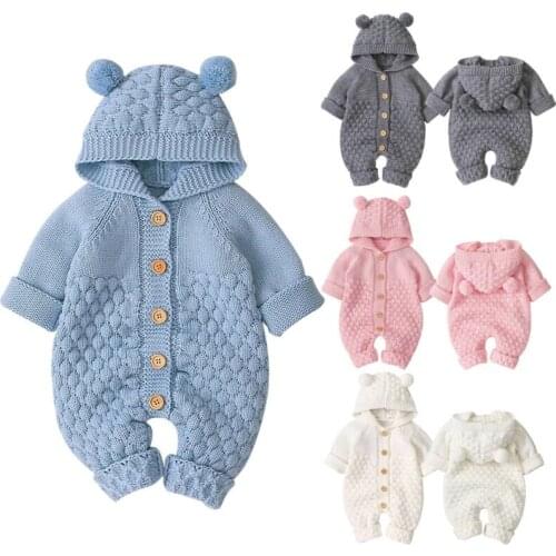 Newborn Baby Girl/Boy Hoodie Jumpsuit Romper Bear Ear Knit Wool Sweater Clothes Hairball Lovely Romper for 0-24M Baby Unisex