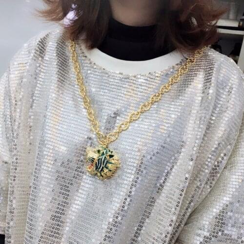 Fashion party jewelry enamel tiger head necklace gold color vintage leopard pendant sweater chain letter logo sign brand bijoux