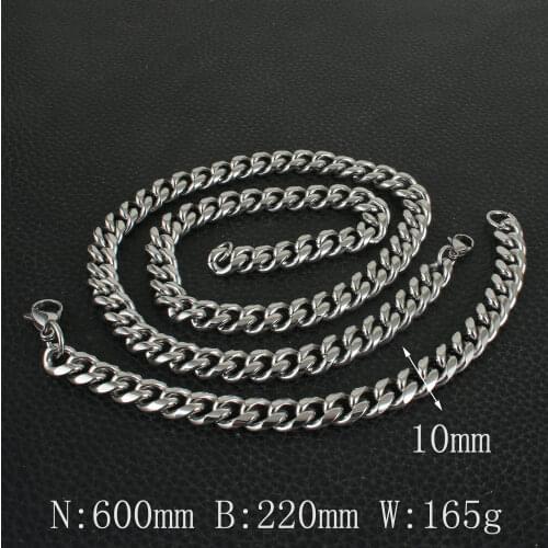 Mans Fashion Silver Color Jewelry 10MM Chain Stainless steel Jewelry Necklace& Bracelet Sets SFHAADCB
