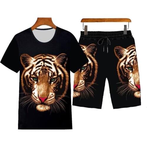 Mens Printing Short-sleeved T-shirt Suit 2021 Summer New Men Clothing Domineering Dragon Wolf Tiger Printed Shorts T-shirts