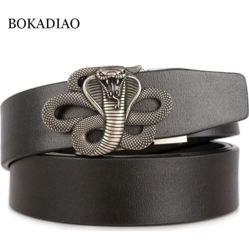 BOKADIAO mens genuine leather belt vintage Snake Automatic Buckle Black Cowskin belt Luxury designer Belts for Men high quality