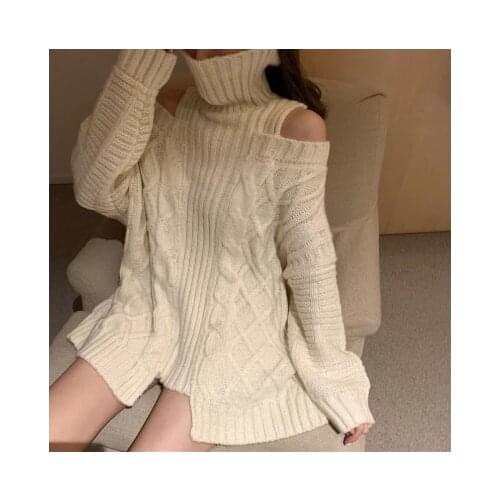 2020 New Winter Korean Style Sweaters Knitted Solid Color Pullovers Turtleneck Sweater Women Warm Off Shoulders Womens Clothes