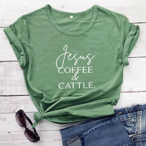 Jesus Coffee and Cattle New Arrival Unisex Summer Funny 100%Cotton T-Shirt Christian Shirts Farm Life Tee Country Shirt Cow Tees