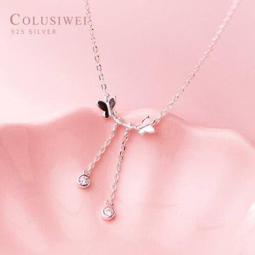 Colusiwei Butterfly and Water Drop Necklace For Women 925 Sterling Silver Clear Cz Short Choker Necklace Silver Korean Jewelry