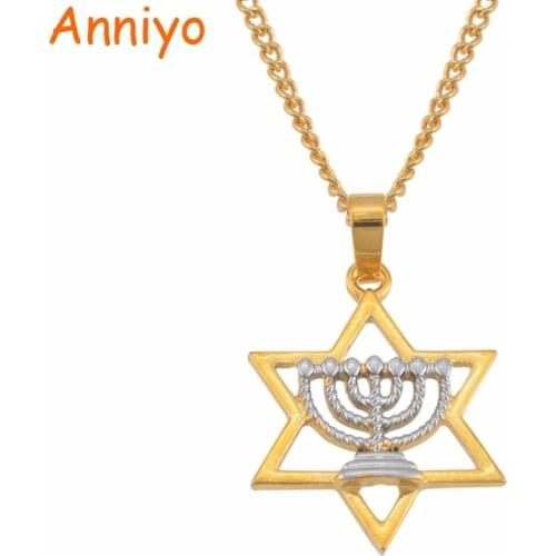 Anniyo Israel Hexagram Menorah Hanukkah Pendant Necklaces for Women Symbol of Judaism Jewelry Israeli Symbols Two Tone #122306