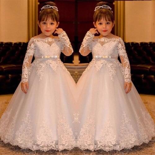 Princess Girls Kids Flower Girls Dresses for Wedding Party Dress Long Sleeve Lace First Communion Gown Baptism Vestido Clothing
