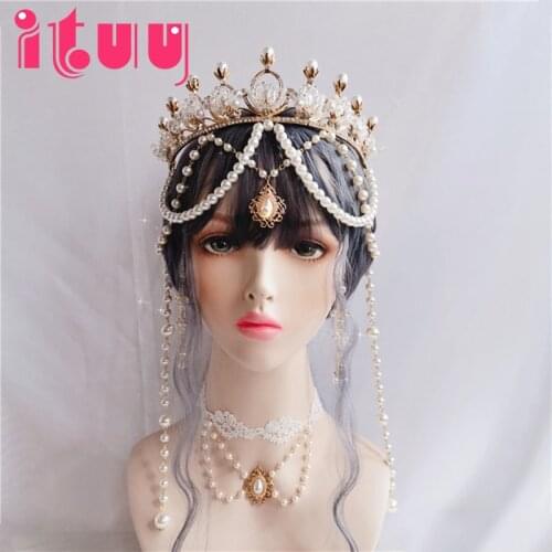 Handmade Lolita KC Apollo Sun Crown Church Angel Hanfu Gorgeous Crystal Pearl Tassels Wedding Crown Send Free Necklace Gift