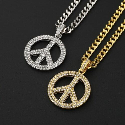 Hip Hop Jewelry for Men Rock Gold Color Micro Pave Full Rhinestone Peace Pendant Necklace for Men Rope Chain Copper Necklace Man