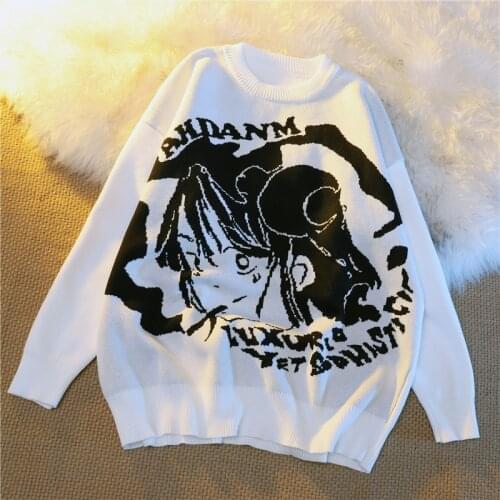 Spring Sweater Women College Style Sweater Vintage Loose Round Neck Pullover Cartoon Anime Pattern Sweater Casual Man Sweater