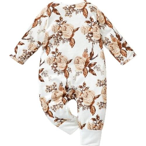 0-3Y Lovely Baby Girls Boys Jumpsuits Flowers Printed Long Sleeve Zipper Button Romper Autumn Outfits