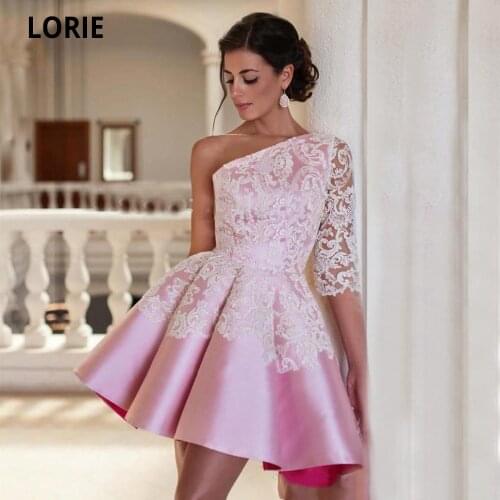 LORIE Pink Satin Evening Dresses Elegant Lace Applique Short Princess Party Prom Evening Party Dresses Special Occasion Gowns