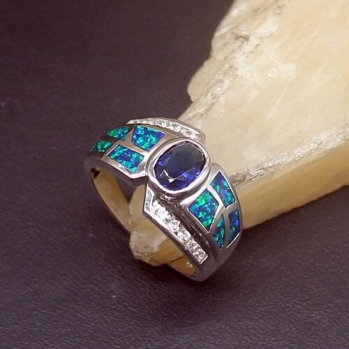 Hermosa Fantasy Blue Opal Sapphire Genuine 925 Silver Band Ring Wedding Engagement Gifts for Women Size 7# 20214344