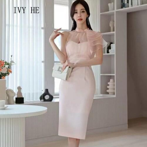 IVY HE High Quality Summer Dress Woman Clothing Sweet Pink Fashion Mesh Patchwork Arm Midi Long Dress Traf Robe ZA Party Dresses