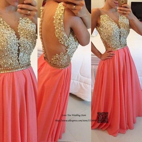 Vestido de Festa Longo Coral Prom Dresses Cheap Gold Lace Sexy Formal Evening Party Gowns Beads Tank Robe de Soiree Floor Length