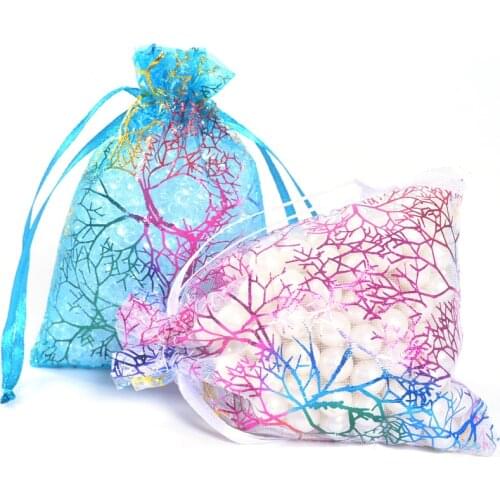 100pcs White Blue Organza Gift Bag 7x9cm/9x12cm/10x15cm/13x18cm Sheer Coralline Organza Jewelry Pouch Jewelry Packaging Pouches