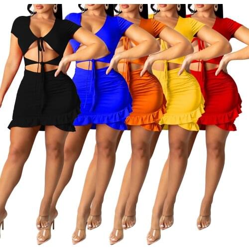 2021 New Style Women Hollow Out Short Mini Dress Ladies Short Sleeve V-neck Ruffled Sexy Hem Dress For Summer Plus Size S-XXL