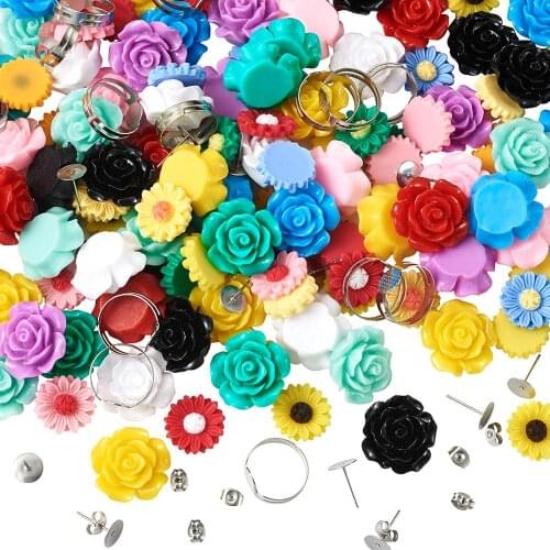 Mixed Color Flower Resin Flatback Cabochons for Necklace DIY Scrapbook Decoration Accessories with Ear Nut Stud Earring Findings