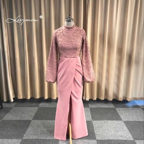 Leeymon Long Prom Dresses 2020 Elegant Mermaid Style Pink High-End Neckline Beads Floor-Length Prom Party Dress Real Pictures