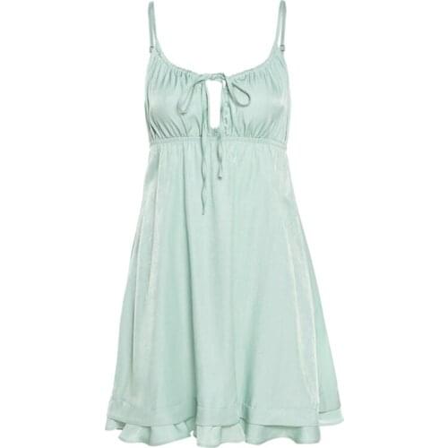 Women Sexy Spaghetti Strap Green A-Line Short Dress Lace-Up Ruched Front Backless Ruffles Hem Flowy Beach Sling Sundress