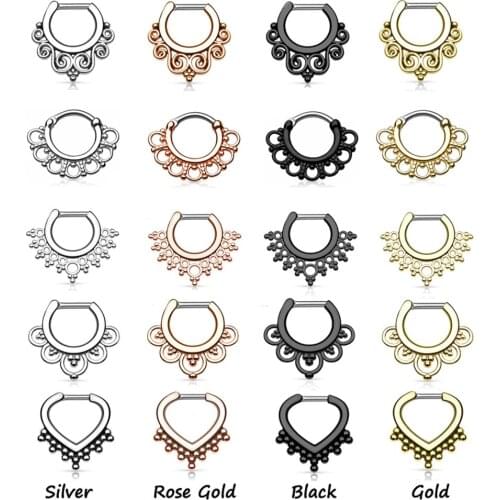 1Piece Titanium Tribal Hinged Nose Septum Clicker Ring Nipple Ear Piercing Cuff Ring CZ Crystal Cartilage Guage Earring Jewelry
