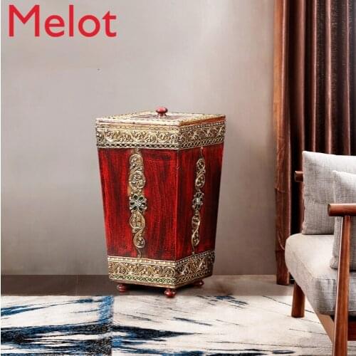 Southeast Asia Wood Carving Trash Can with Lid Thai Style Living Room and Kitchen Bathroom Household Carved Storage Bucket