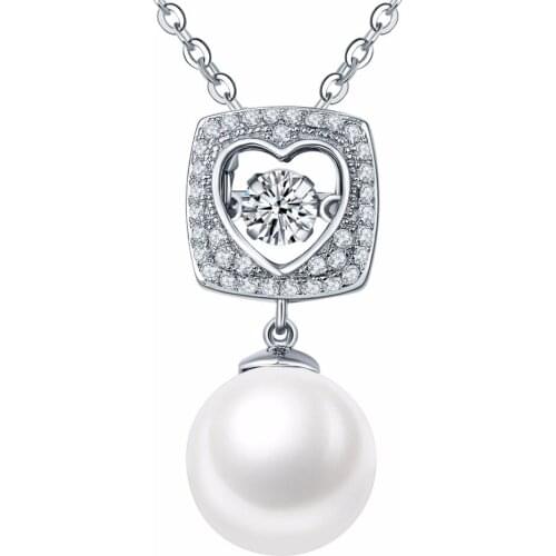 Beautiful Charms Pendant 100% Real 925 Sterling Silver Jewelry Dancing Diamond & Pearl Heart Dangle Pendant Necklace For Women