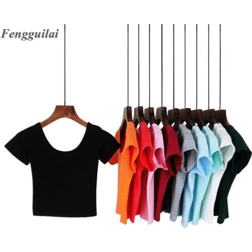 U neck Sexy Crop Top Ladies Short Sleeve T Shirt Tee Short T-shirt Basic Stretch T-shirts Women Harajuku