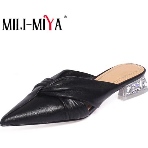 MILI-MIYA Basic Wild Mules Women Soft Genuine Leather Pleated Rhinestone Thick Heels Pumps Footwear Summer Slip-On Casual Shoes