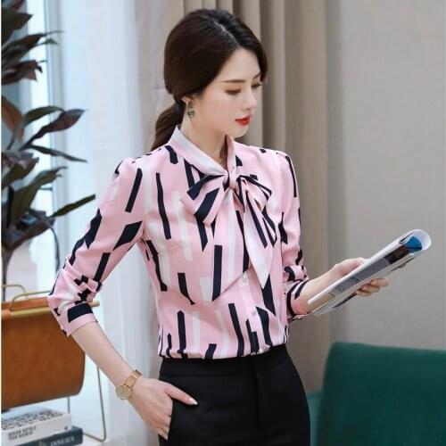 Fashion Women Work Blouses & Shirts Long Sleeve Pink Print Ladies Tops Office Clothes OL Styles