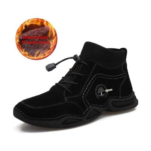 Brand Genuine Leather Mens Boots Warm Plush Mens Snow Boots Breathable Men Ankle Boots Outdoor Mens Shoes Men Winter Boots